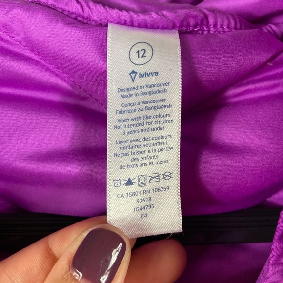 Lululemon Ivivva Girls Goose Down Pullover Puffer Jacket Hooded Purple Size 12 - Picture 7 of 12